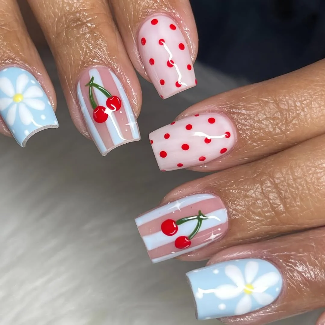 summer nails square 2026 Cherry Picnic Square Nails With Soft Retro Charm