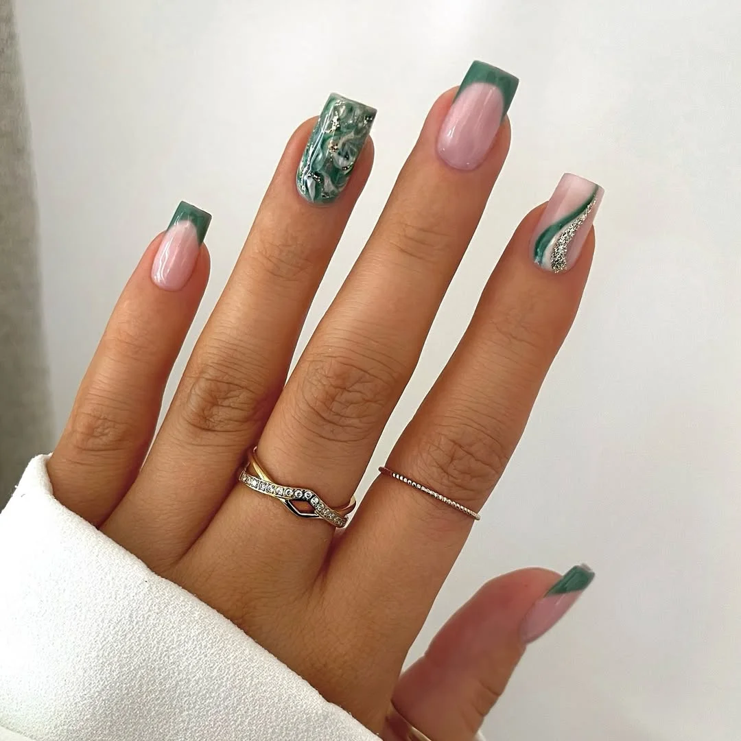 summer nails square 2026 Emerald Marble French Tips With Soft Euro Minimalism