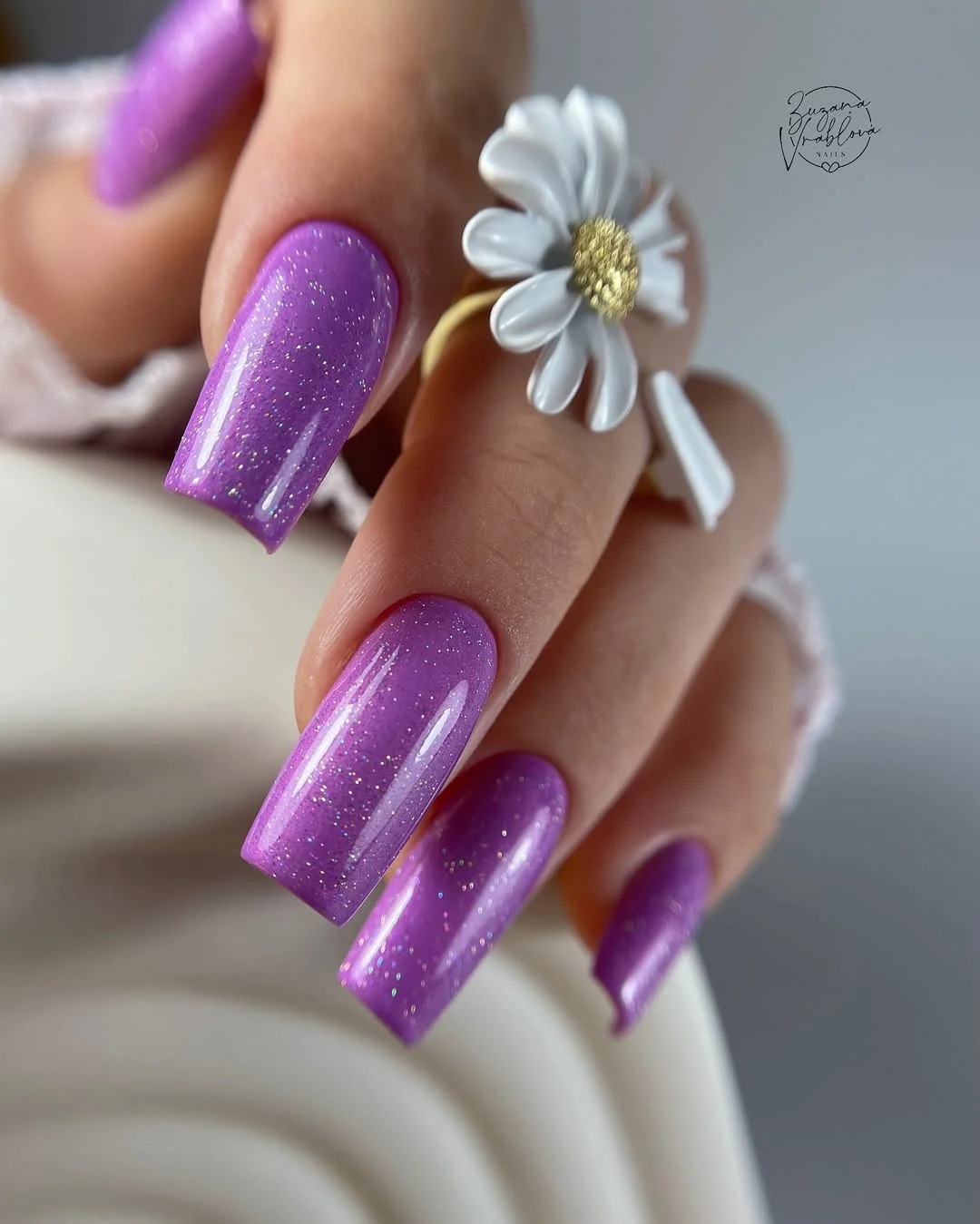 summer nails square 2026 Lavender Sparkle Square Nails With Dreamy Barbie Energy