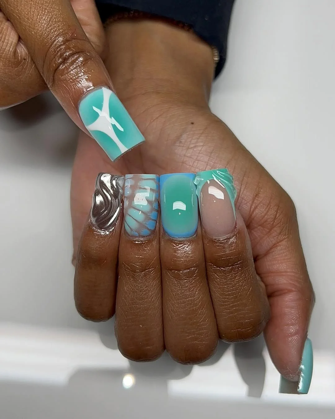 summer nails square 2026 Turquoise Chrome Mix Nails With Futuristic Ocean Vibes