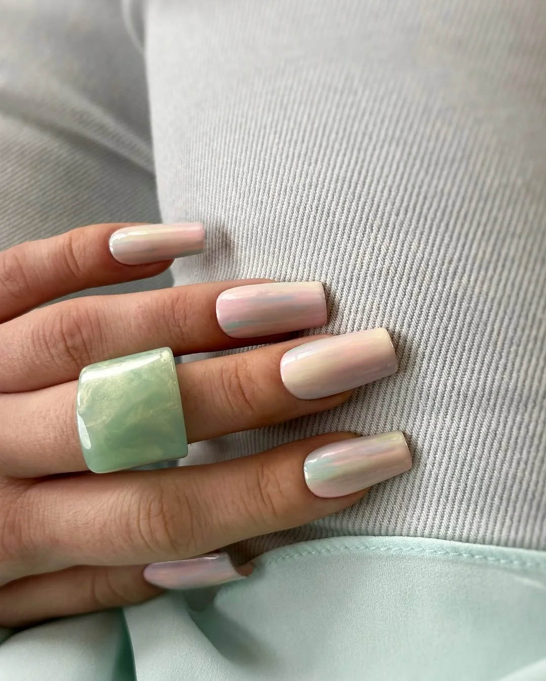 summer nails square 2026 Pearl Glazed Square Nails With Clean Girl Shine