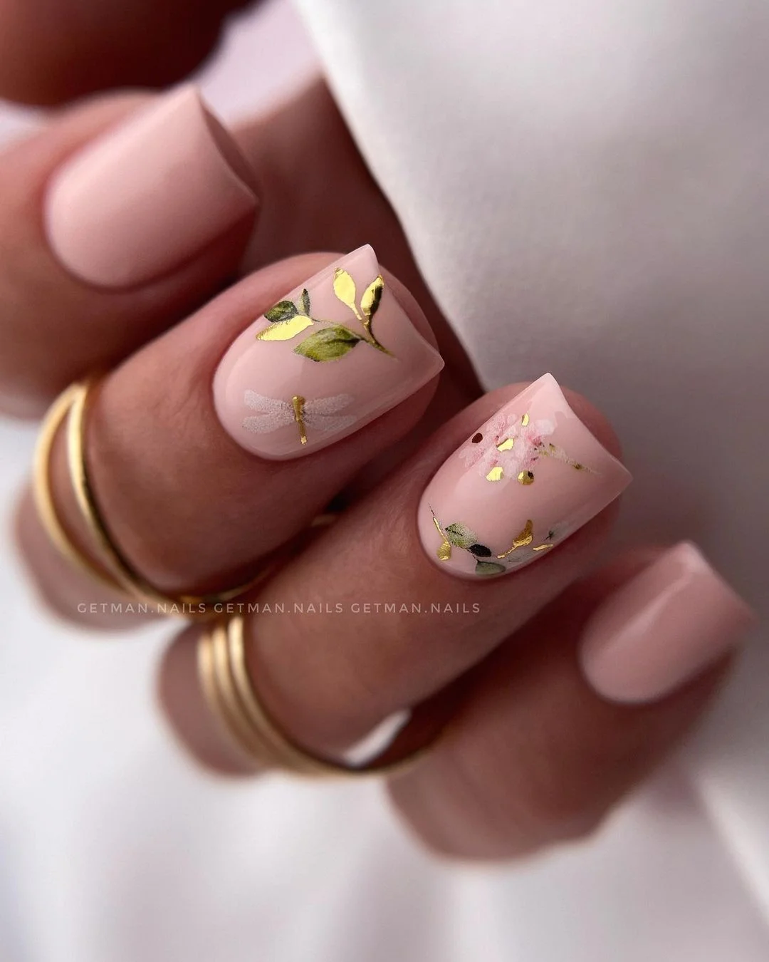 summer nails square 2026 Soft Botanical Nude Nails With Gold Foil Details