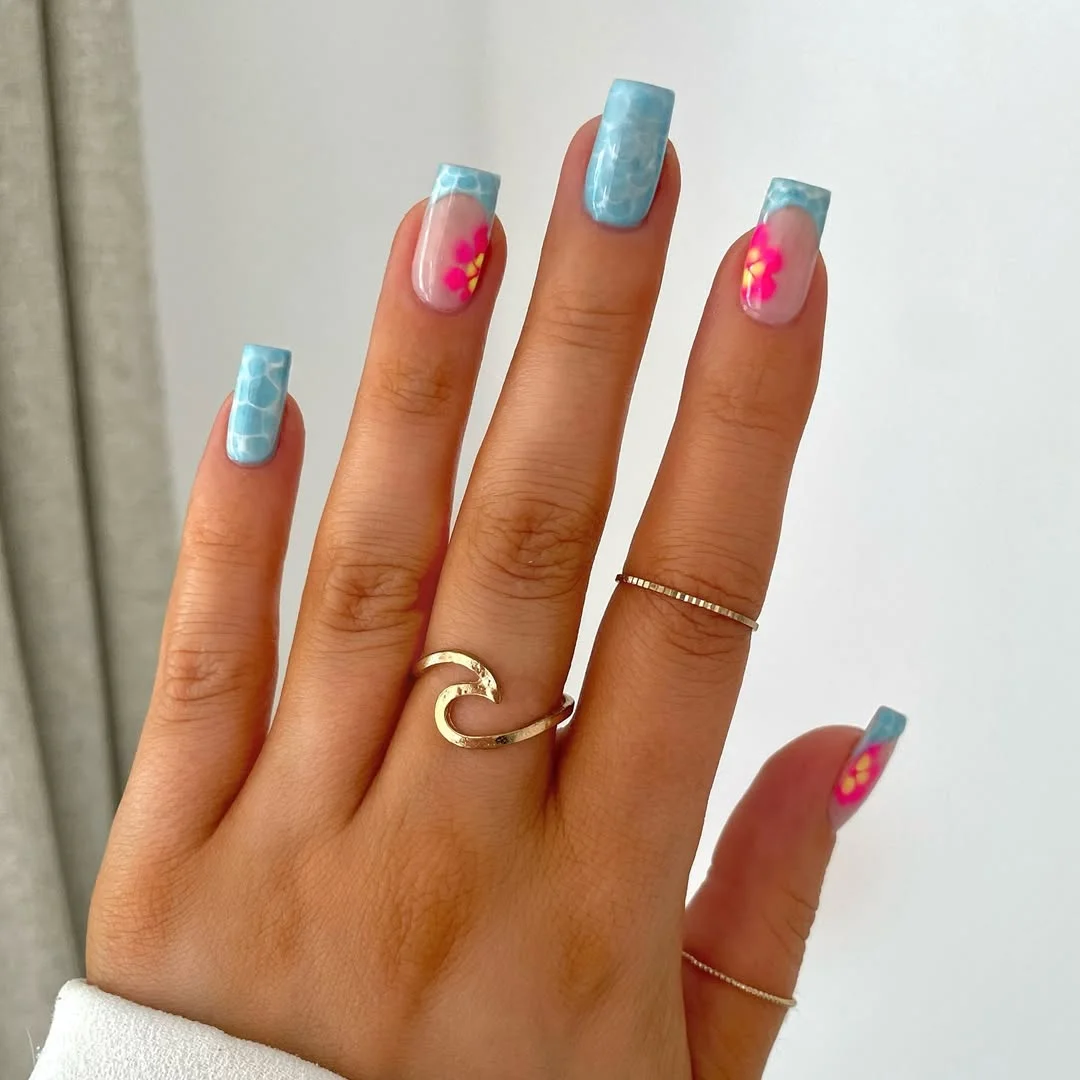 summer nails square 2026 Pool Water Blue Nails With Retro Flower Accents