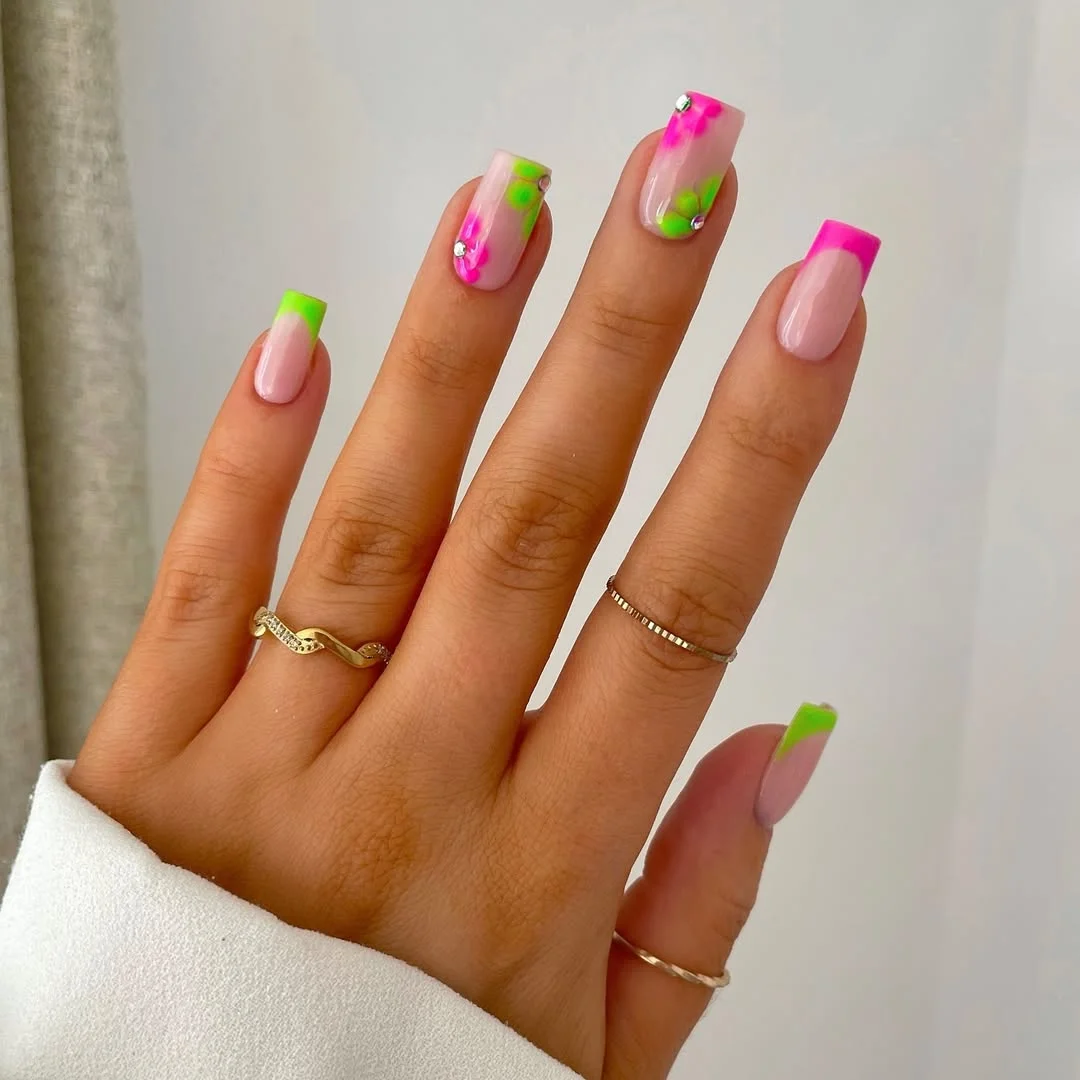 summer nails square 2026 Neon Pink And Green French Nails With Playful Summer Energy
