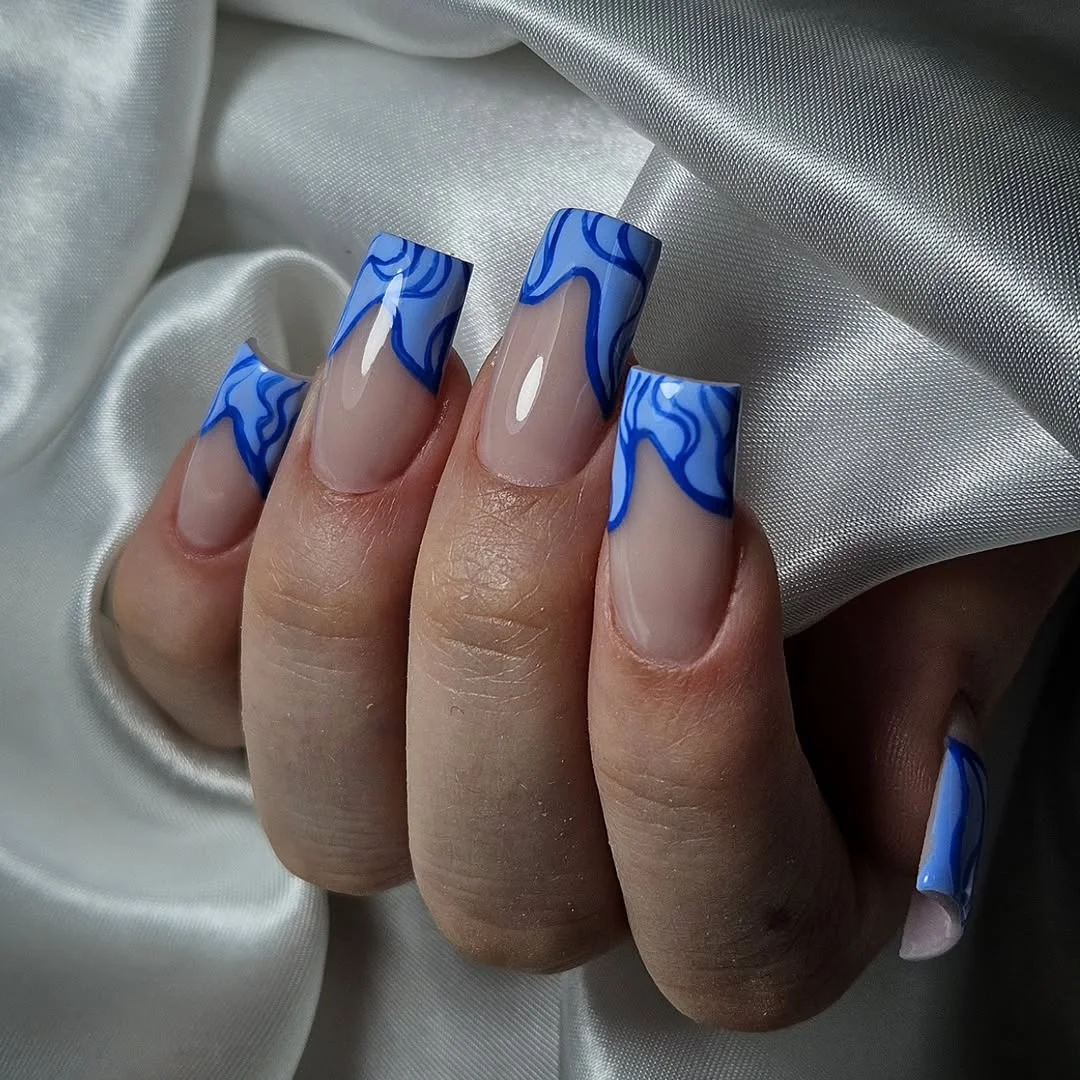 summer nails square 2026 Electric Blue Marble French Tips With Modern Graphic Lines