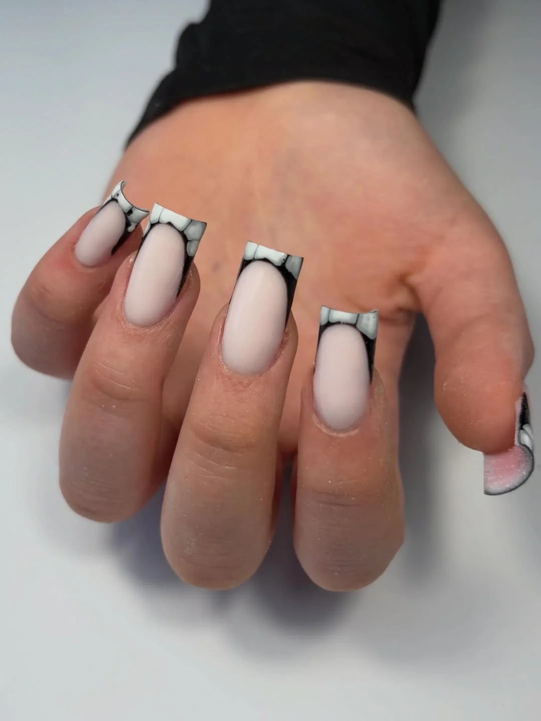 summer nails square 2026 Black Marble French Tips With Soft Editorial Contrast