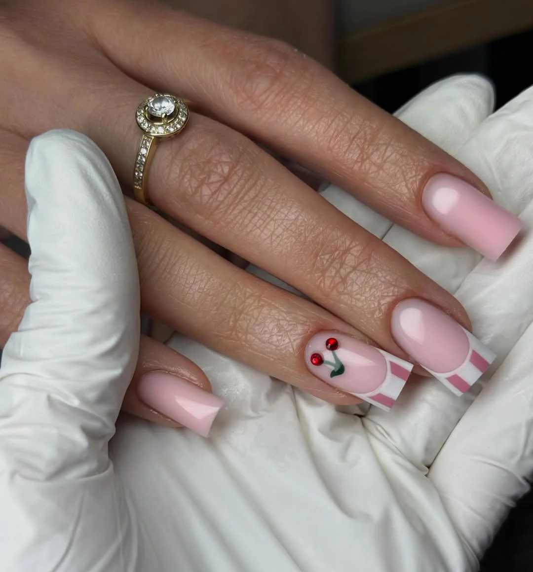 summer nails square 2026 Cherry Pink French Nails With Sweet Retro Energy
