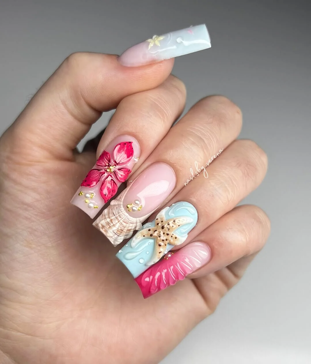 summer nails square 2026 Tropical Seashell Nails That Feel Like Vacation Souvenirs