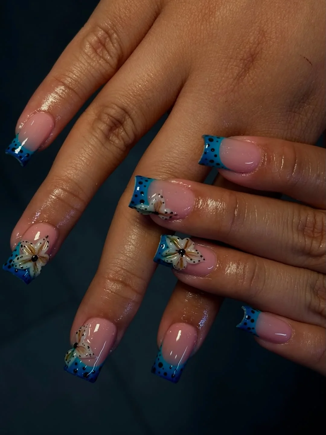 summer nails square 2026 Blue French Tip Square Nails With Tiny Floral Details