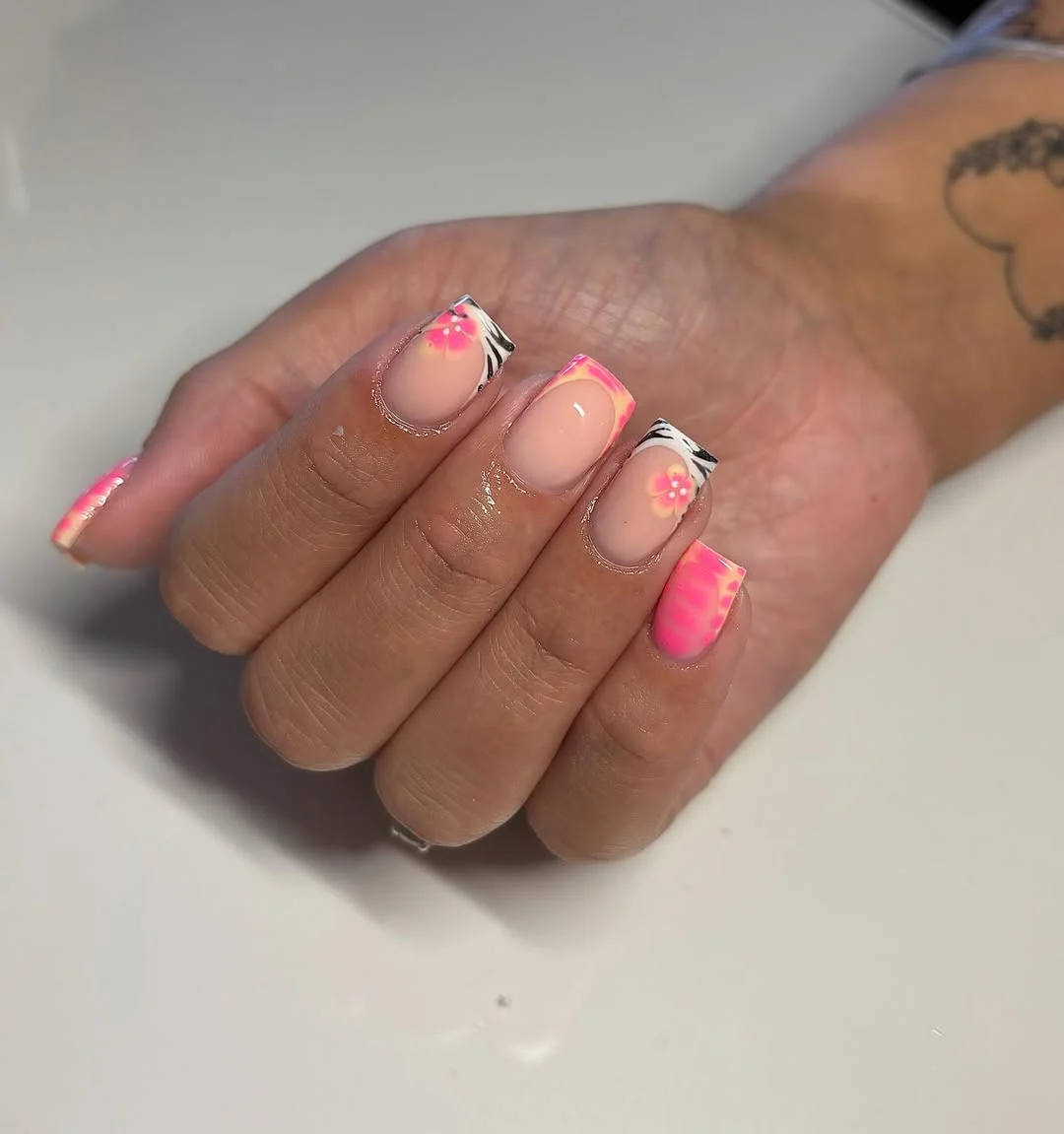 summer nails square 2026 Pink Sunset Floral Nails With Soft Y2K Glow