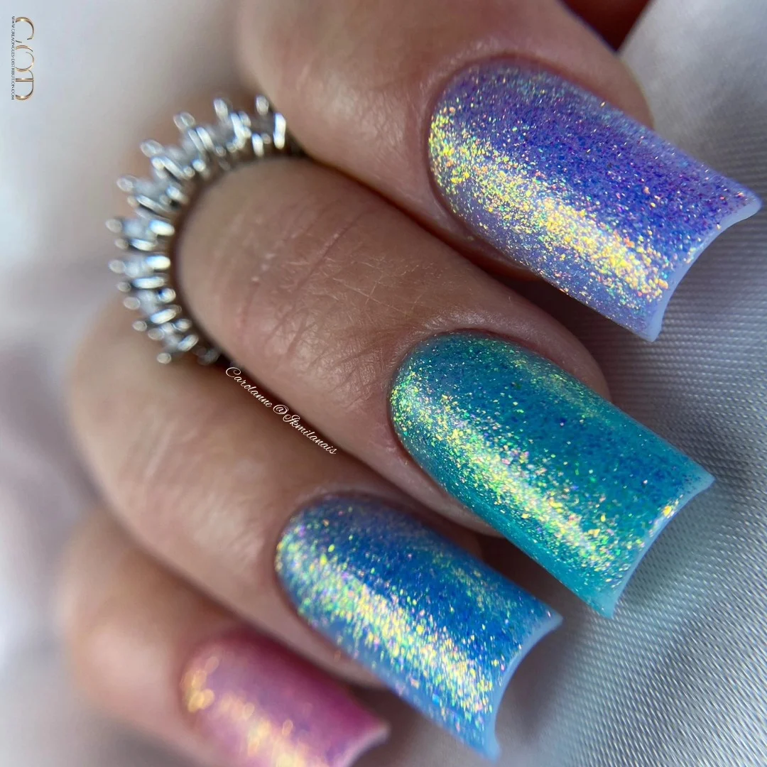 summer nails square 2026 Mermaid Chrome Square Nails With Iridescent Glow