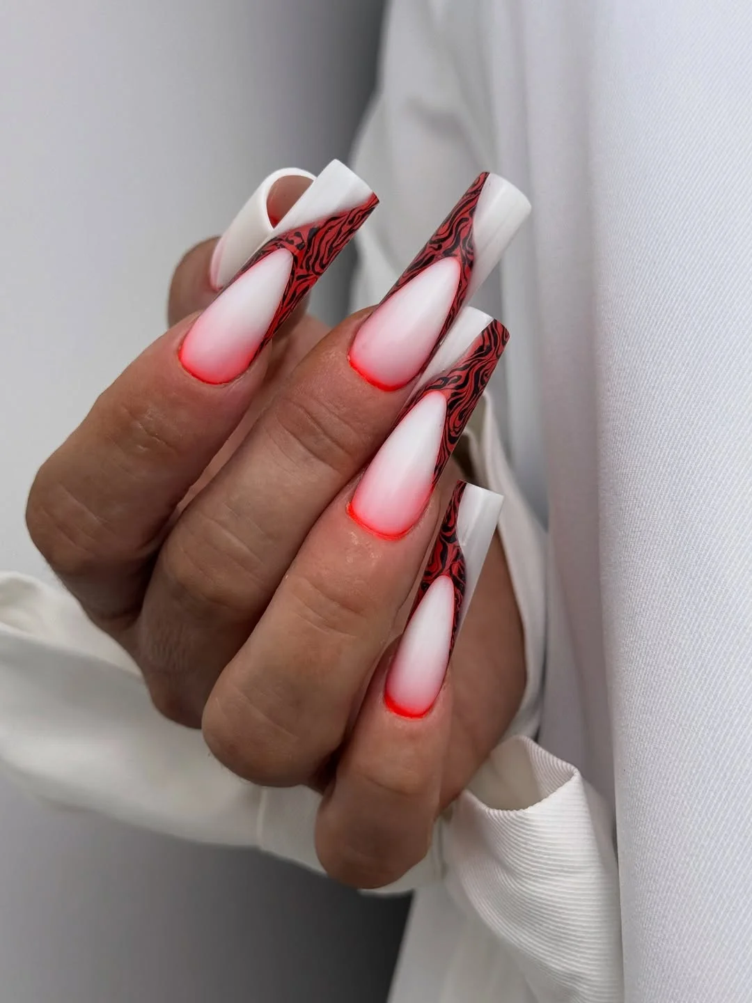 summer nails square 2026 Red Aura French Nails With Futuristic Y2K Drama