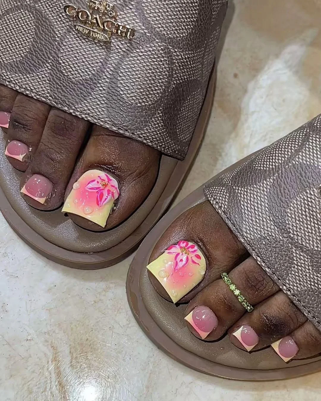 summer toe nails colors 2026 Pink Hibiscus Pedicures for Tropical Vacation Mood