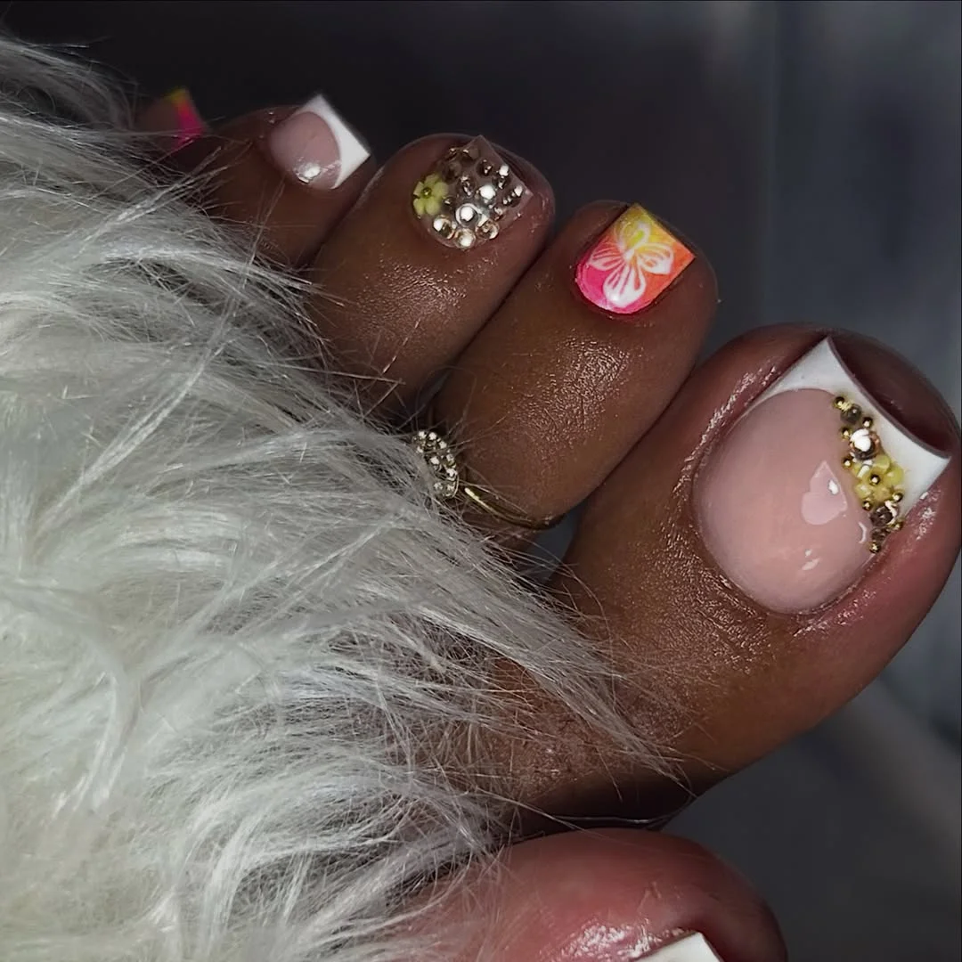 summer toe nails colors 2026 Tropical Rhinestone French Pedicure for Vacation Season