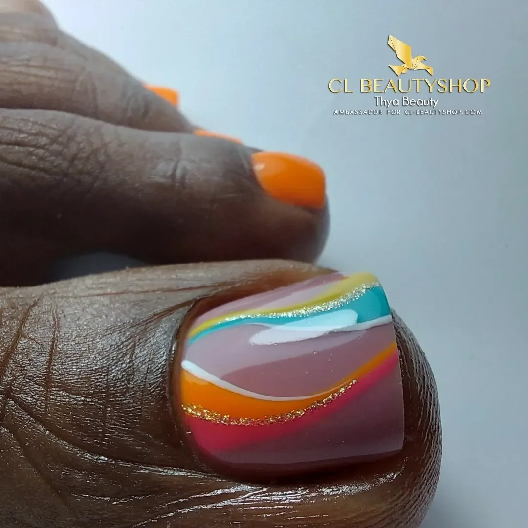 summer toe nails colors 2026 Bright Sunset Swirls That Feel Like a Beach Vacation