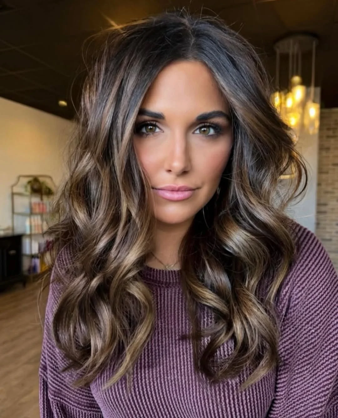 trendy summer brunette hair color 2026 Soft Mocha Brunette With Dimensional Balayage Waves