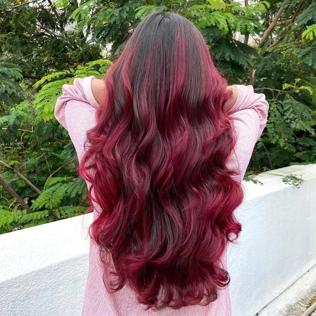 trendy summer red hair color 2026 Rose Burgundy Length with Seamless Summer Depth