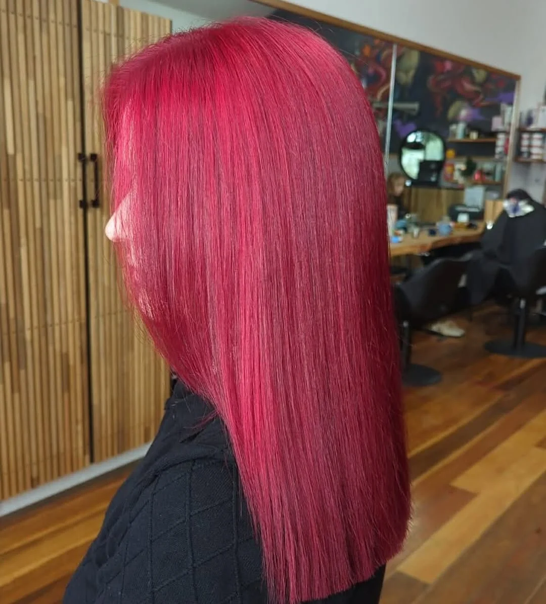 trendy summer red hair color 2026 Glossy Rose Red Precision Cut with Light Reflection