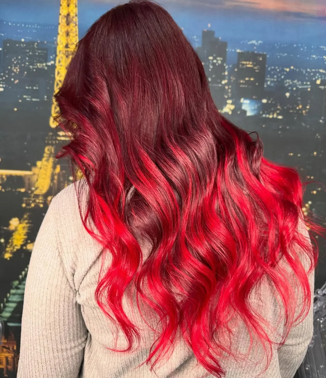 trendy summer red hair color 2026 Deep Cherry Melt with Bright Flame Ends