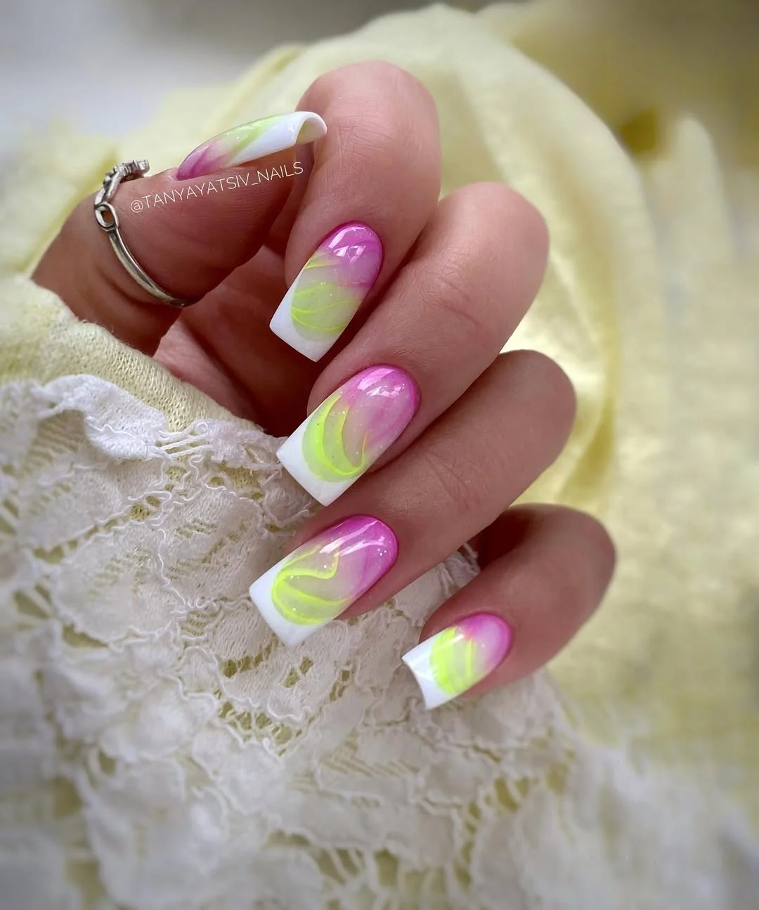 bright summer nails 2026 Neon Swirl French for a Playful Summer Finish