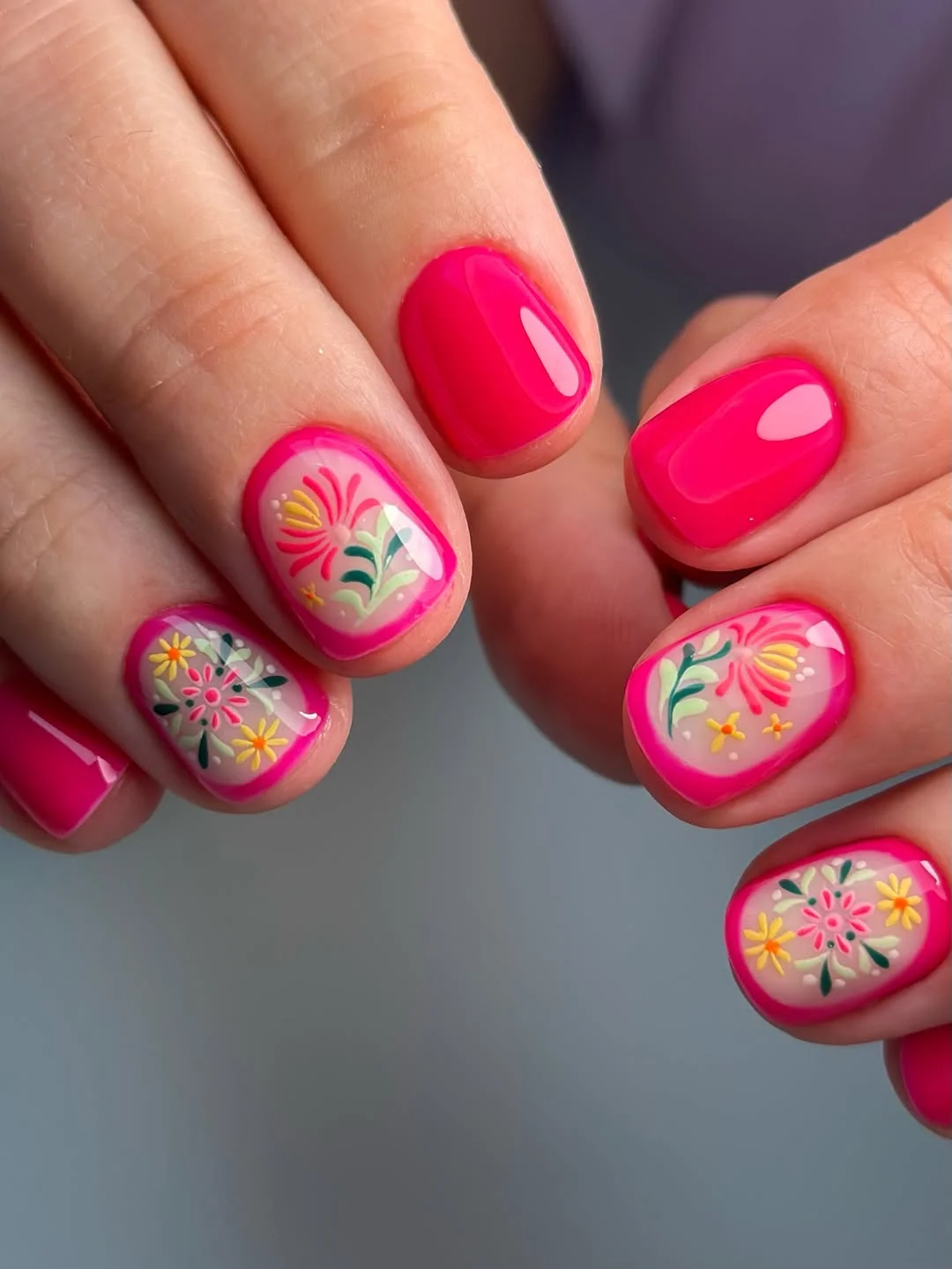 bright summer nails 2026 Hot Pink Floral Frames with Modern Folk Charm