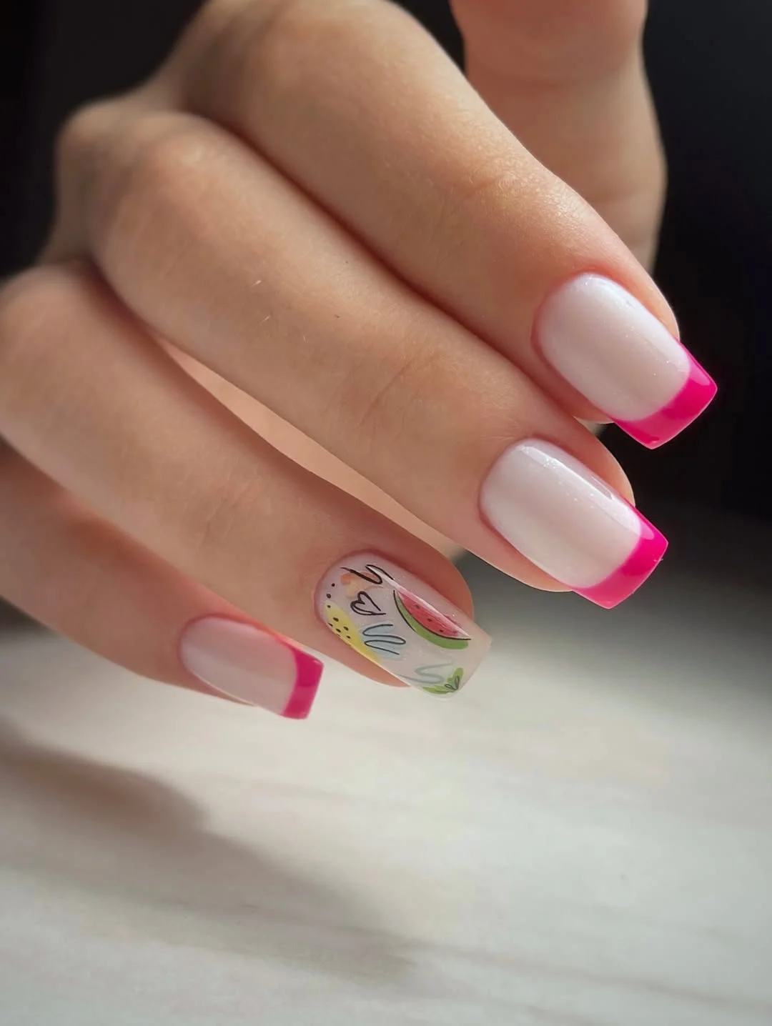 bright summer nails 2026 Watermelon Accent French on a Short Simple Base