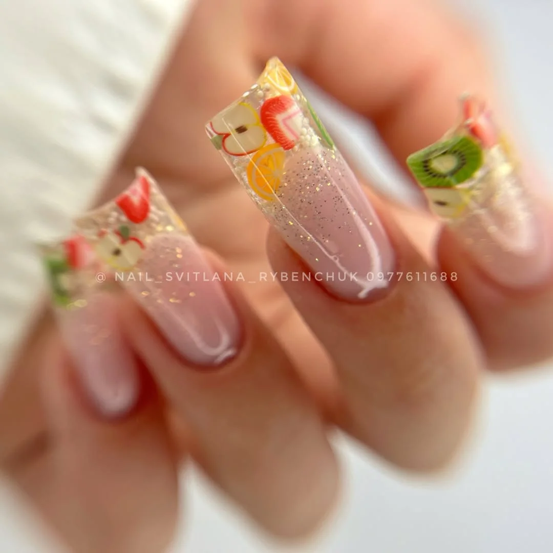 bright summer nails 2026 Fruit Cocktail Tips with Crystal Clear Accents