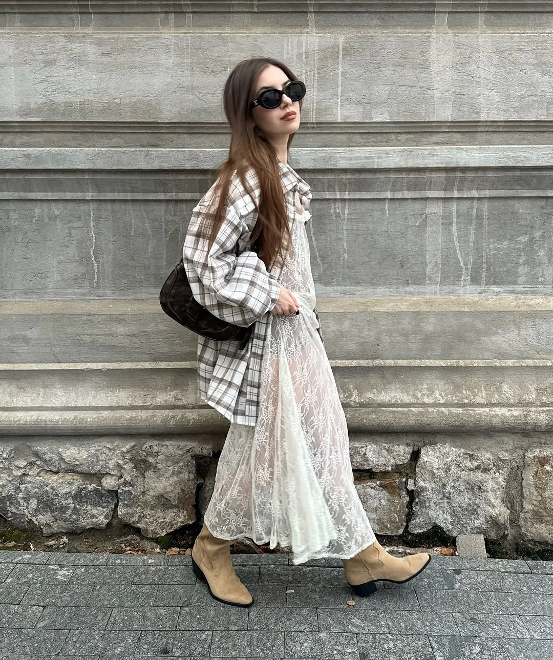 early fall outfits 2026 Romantic Lace Meets Relaxed Plaid Layers