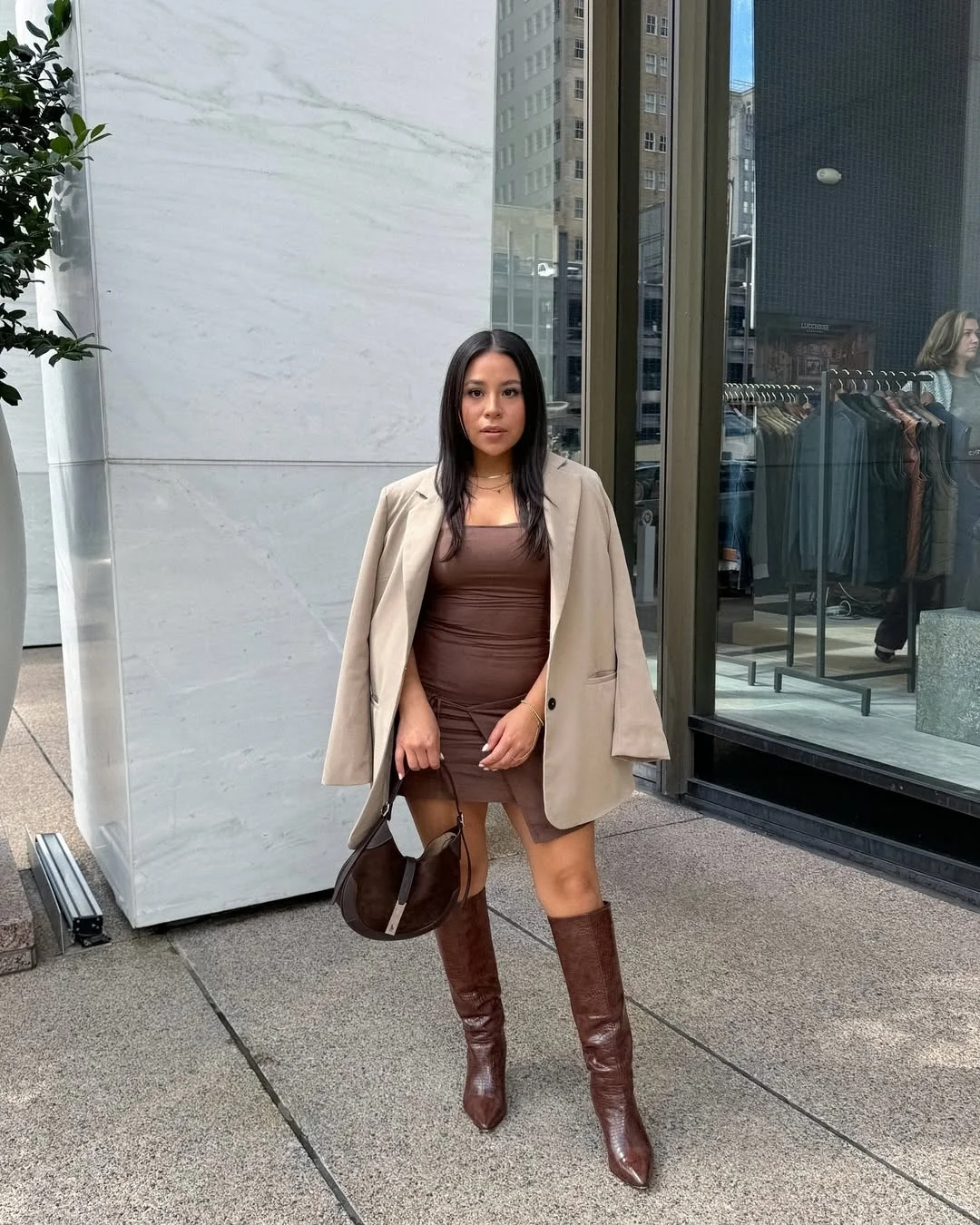 Early fall outfits ideas 2026 Chocolate Brown Mini Dresses And Tall Boots