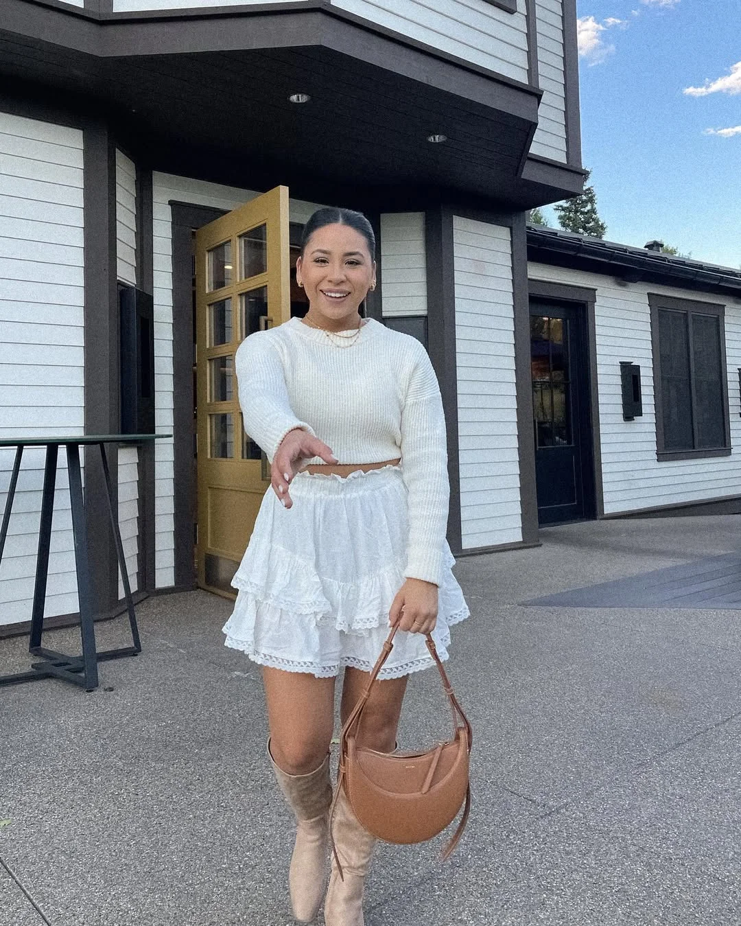 Early fall outfits ideas 2026 Soft White Layers With Romantic Western Boots