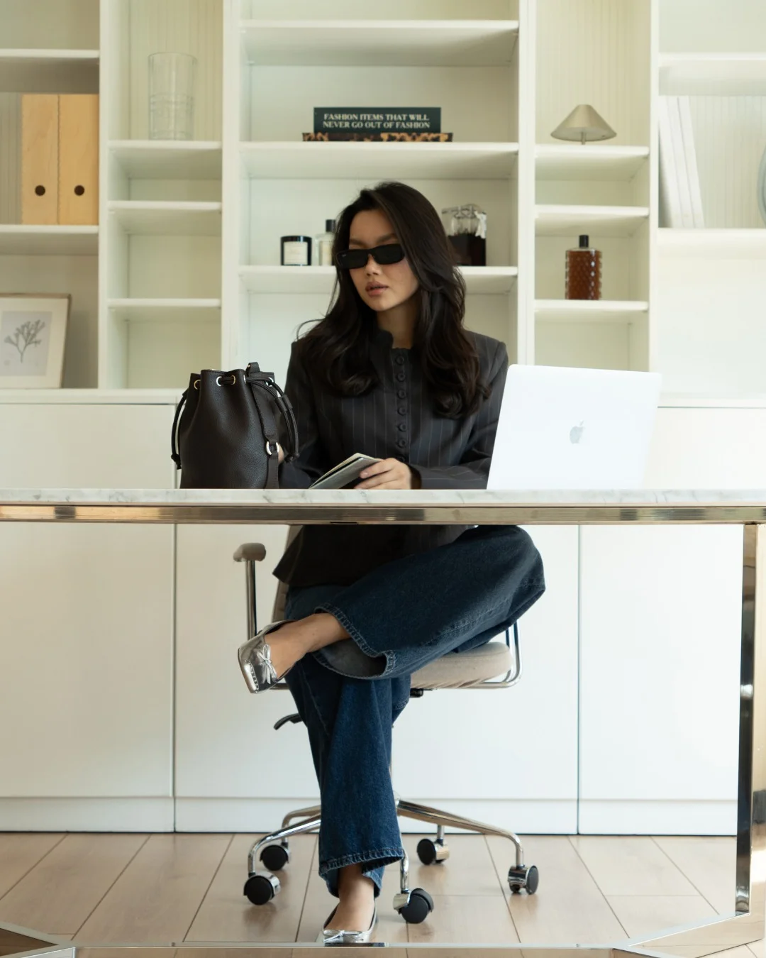 elegant fall office outfits 2026 Dark Denim Meets Polished Office Layers