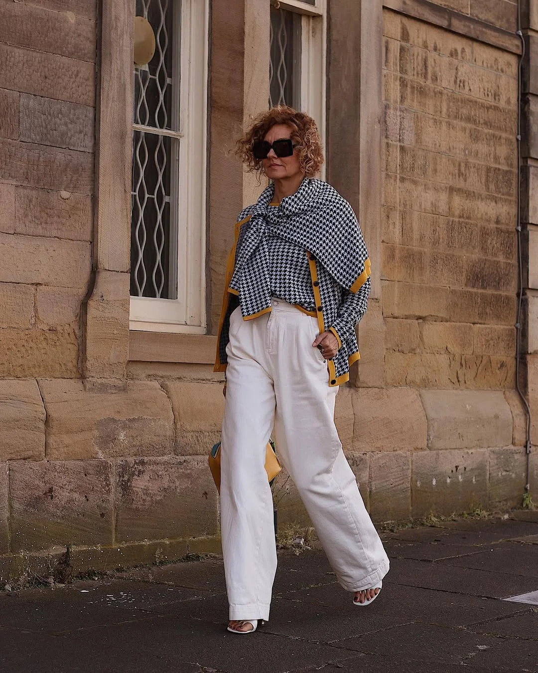 elegant fall office outfits 2026 Relaxed Printed Layers With Sophisticated Wide-Leg Trousers
