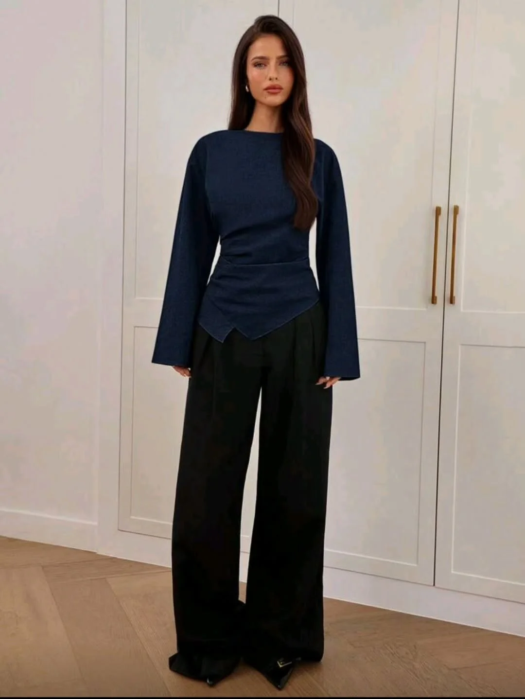elegant fall office outfits 2026 Navy Draping Paired With Relaxed Wide-Leg Trousers