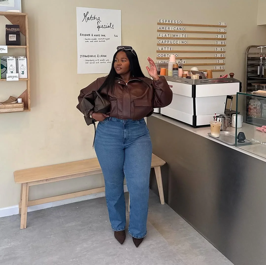 fall 2026 outfits for black women Modern Coffee Run Style With a Cropped Leather Bomber