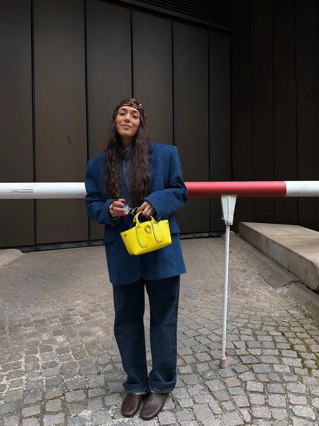 fall all denim outfits for women 2026 Dark Denim Tailoring With Playful Statement Accessories