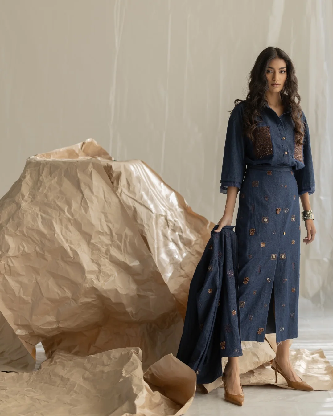 fall all denim outfits for women 2026 Elegant Denim Dressing With a Refined Midi Skirt