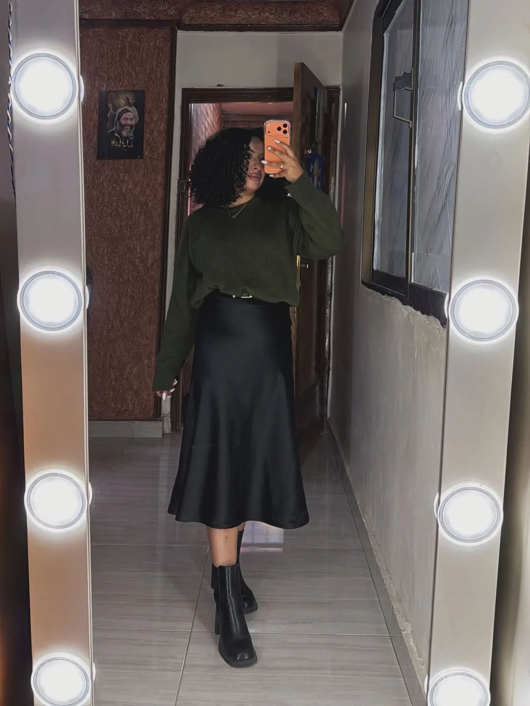 fall fashion for women over 40 Olive Knitwear and Satin Skirts Create Easy Feminine Balance