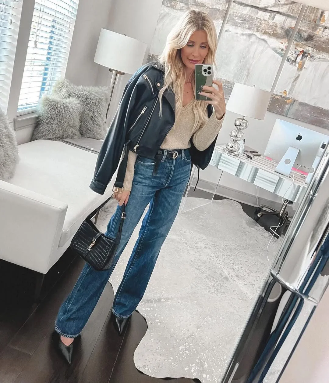 fall fashion for women over 40 Leather Jackets and Straight Jeans Remain an Autumn Essential