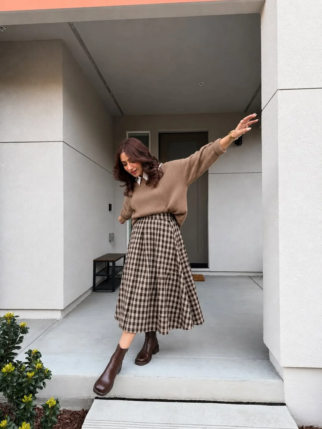 fall fashion for women over 40 Soft Knitwear and a Checked Midi Skirt for Cozy Autumn Days