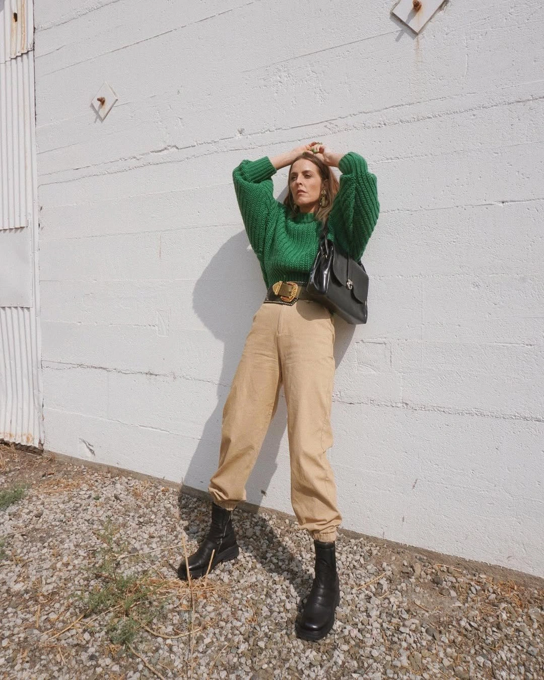 fall going out outfits 2026 Bold Emerald Knit with Relaxed Utility Pants