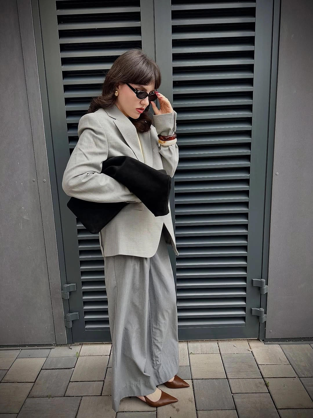 fall going out outfits 2026 Minimal Gray Tailoring with Modern Wide-Leg Trousers