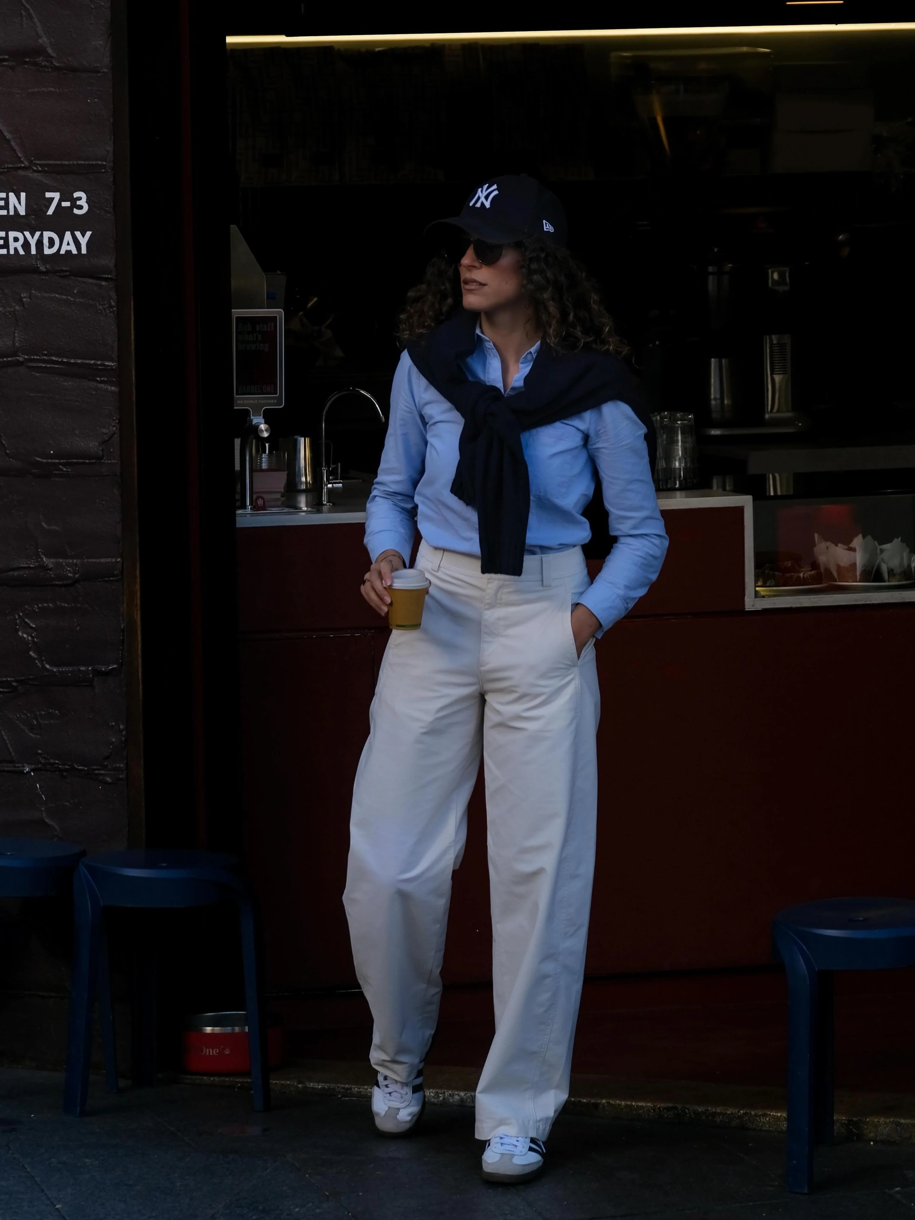fall going out outfits 2026 Classic Blue Shirt and White Trousers with Downtown Energy
