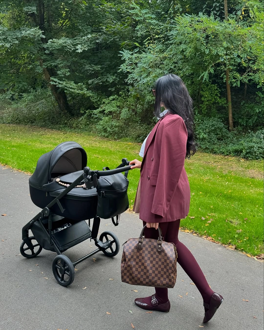 fall mom outfits 2026 Burgundy Tailoring That Elevates Everyday Stroller Walks