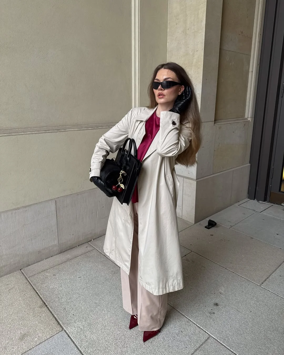 fall office outfits for women 2026 A Timeless Trench Coat With a Bold Autumn Accent