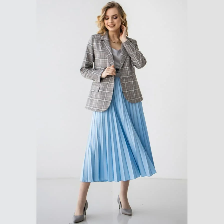 fall office outfits for women 2026 Soft Blue Pleats Bring Fresh Energy to the Office
