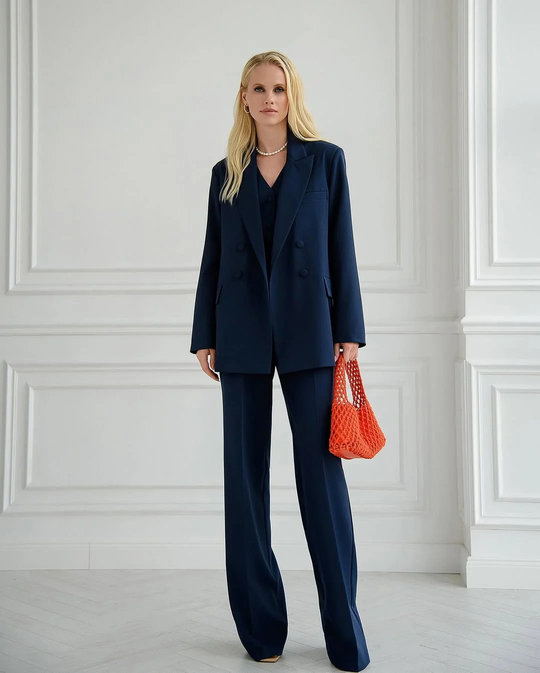 fall office outfits for women 2026 Power Dressing With a Navy Suit and One Bold Accent