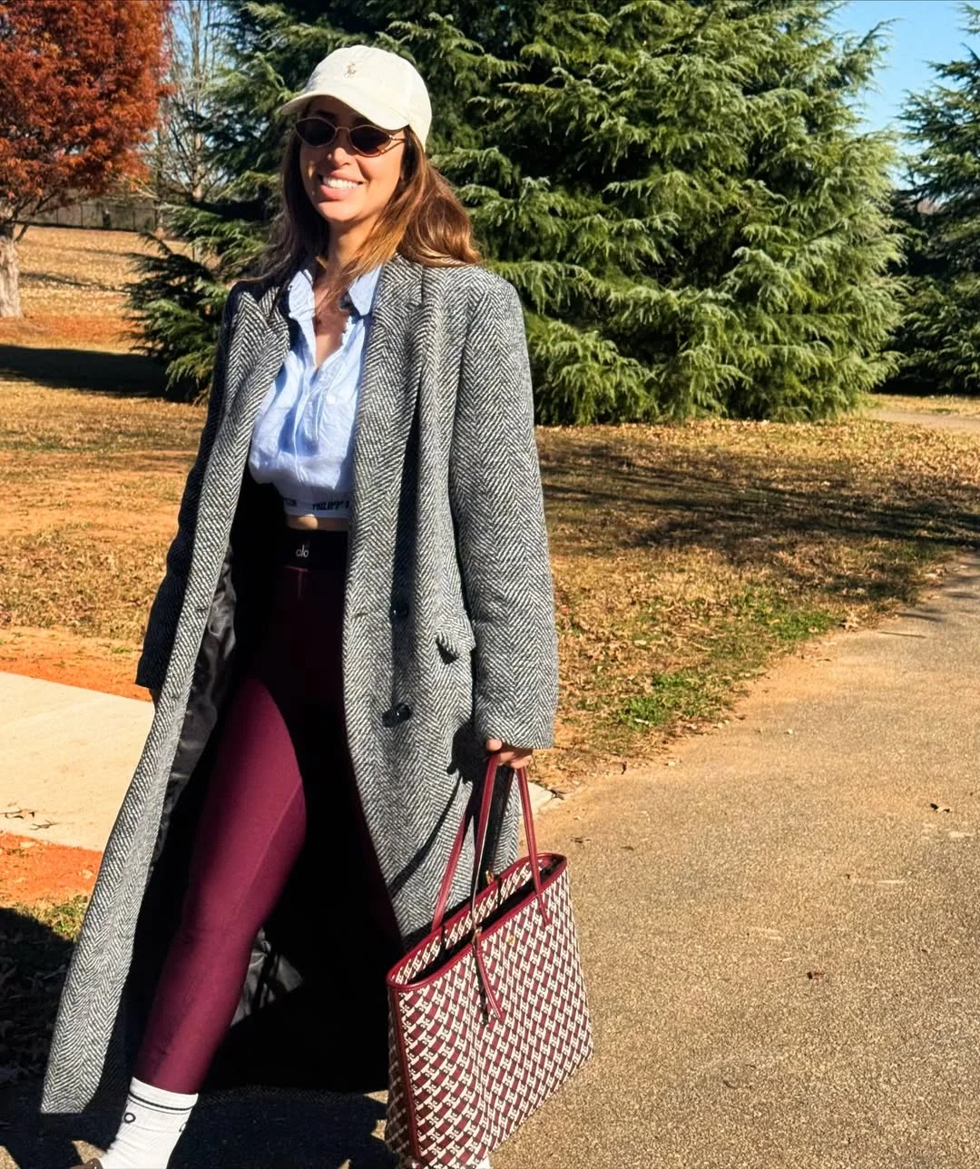 fall outfits for big busted women 2026 Classic Long Coat and Burgundy Leggings for Crisp Autumn Walks