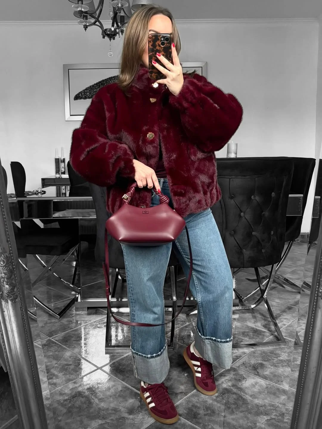 fall outfits for big busted women 2026 Rich Burgundy Faux Fur with Cuffed Denim for Luxe Autumn Evenings