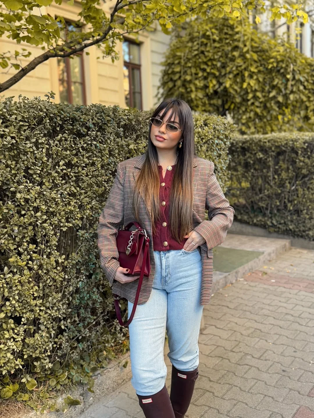 fall outfits for big busted women 2026 Checked Blazer and Burgundy Cardigan for Timeless Autumn Charm