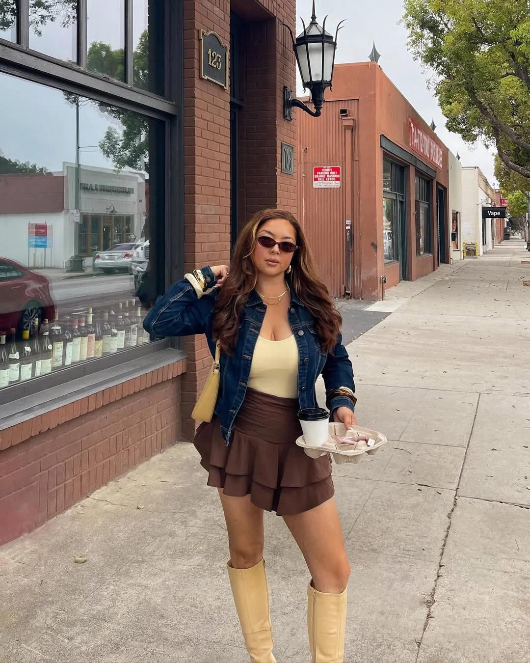 fall outfits for big busted women 2026 Chocolate Mini Skirt with a Denim Jacket for Warm Autumn Weekends
